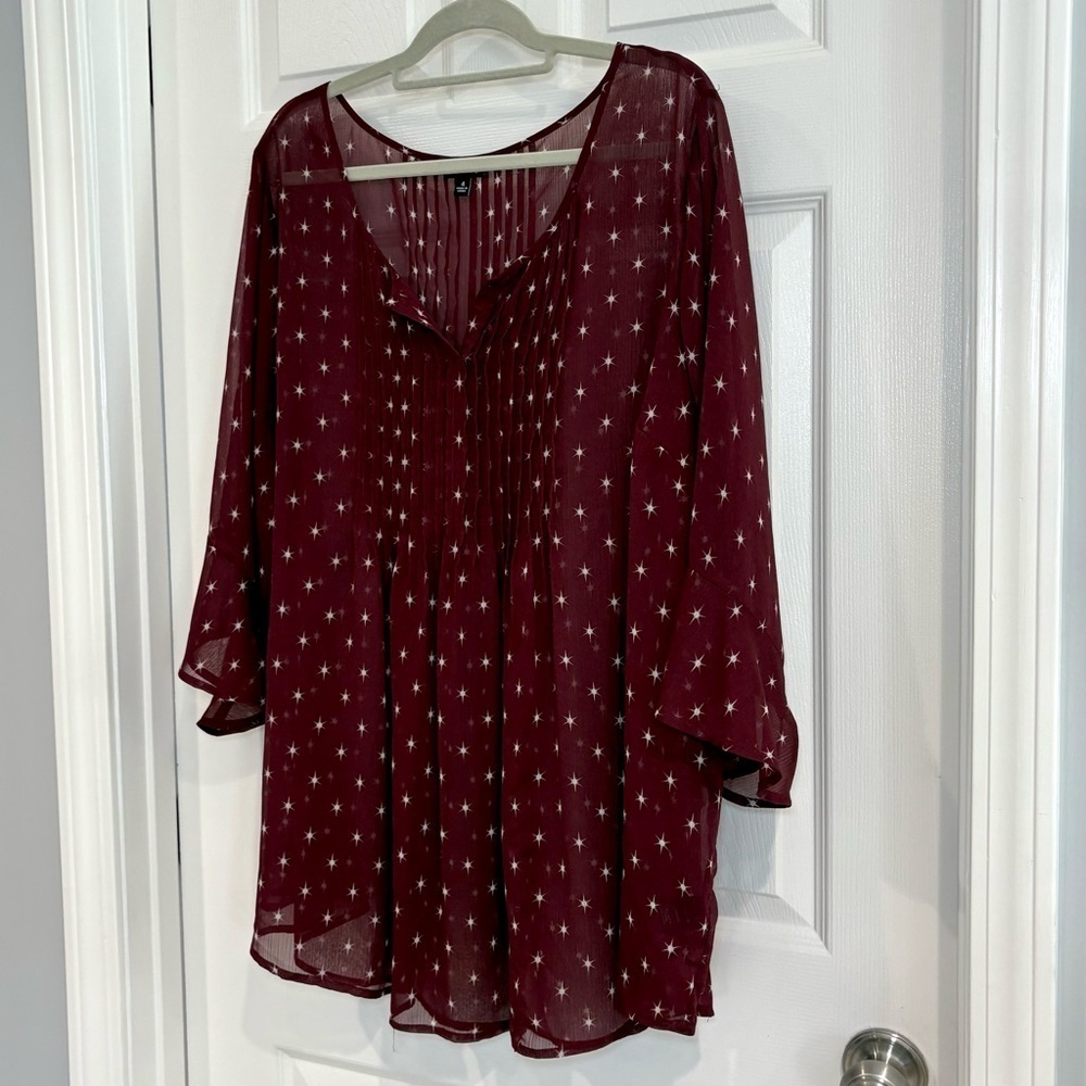 Torrid Pintuck Chiffon Burgundy Dot Star Peasant Sheer Blouse Women Plus Size 4 - Picture 6 of 17